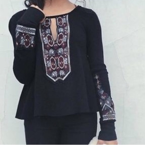 FREE People Marion blacke Embroidered thermal - Picture 1 of 10